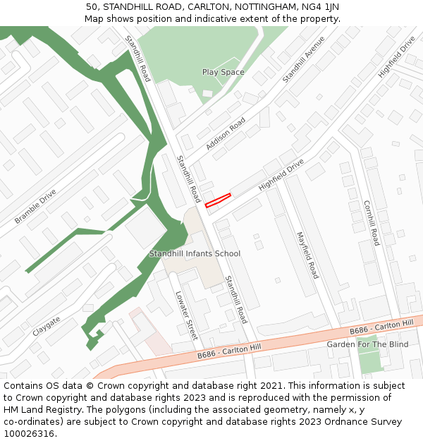 50, STANDHILL ROAD, CARLTON, NOTTINGHAM, NG4 1JN: Location map and indicative extent of plot