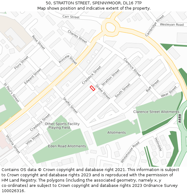 50, STRATTON STREET, SPENNYMOOR, DL16 7TP: Location map and indicative extent of plot