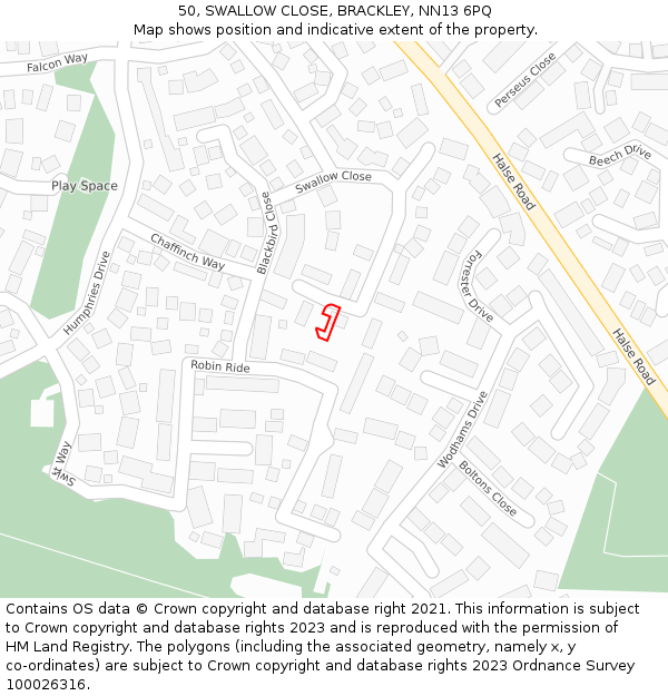 50, SWALLOW CLOSE, BRACKLEY, NN13 6PQ: Location map and indicative extent of plot