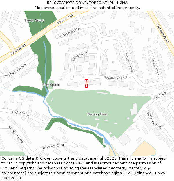 50, SYCAMORE DRIVE, TORPOINT, PL11 2NA: Location map and indicative extent of plot
