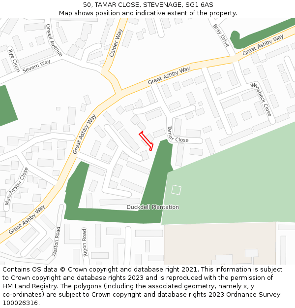 50, TAMAR CLOSE, STEVENAGE, SG1 6AS: Location map and indicative extent of plot