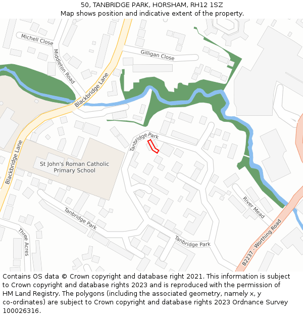 50, TANBRIDGE PARK, HORSHAM, RH12 1SZ: Location map and indicative extent of plot