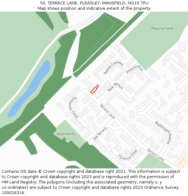 50, TERRACE LANE, PLEASLEY, MANSFIELD, NG19 7PU: Location map and indicative extent of plot