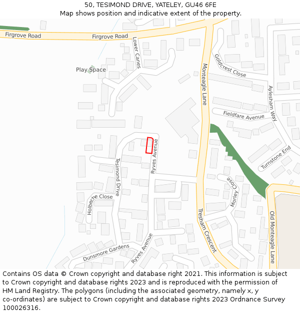 50, TESIMOND DRIVE, YATELEY, GU46 6FE: Location map and indicative extent of plot