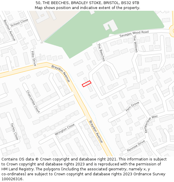 50, THE BEECHES, BRADLEY STOKE, BRISTOL, BS32 9TB: Location map and indicative extent of plot