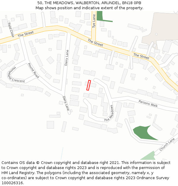 50, THE MEADOWS, WALBERTON, ARUNDEL, BN18 0PB: Location map and indicative extent of plot