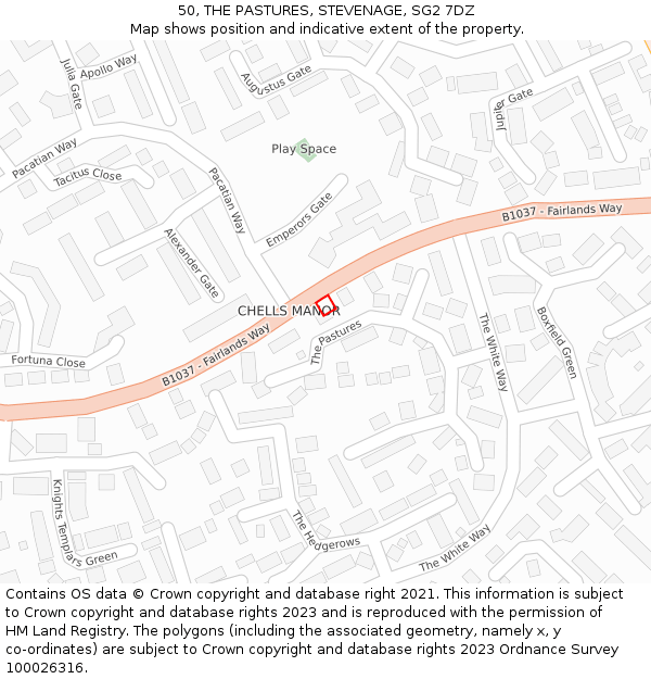 50, THE PASTURES, STEVENAGE, SG2 7DZ: Location map and indicative extent of plot