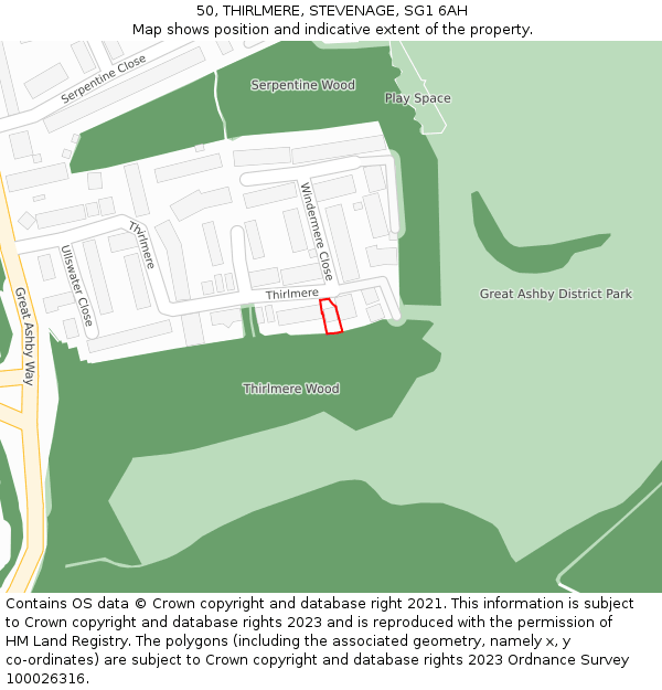 50, THIRLMERE, STEVENAGE, SG1 6AH: Location map and indicative extent of plot
