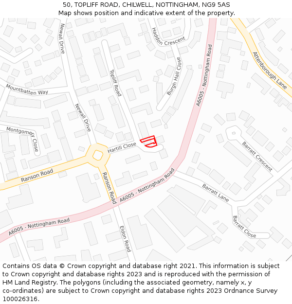 50, TOPLIFF ROAD, CHILWELL, NOTTINGHAM, NG9 5AS: Location map and indicative extent of plot