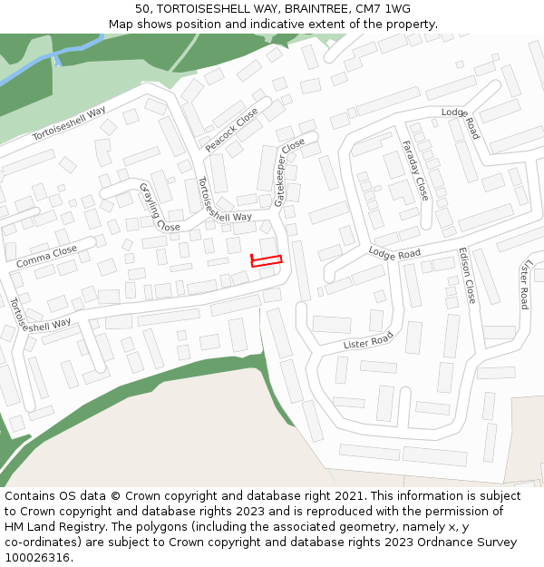 50, TORTOISESHELL WAY, BRAINTREE, CM7 1WG: Location map and indicative extent of plot
