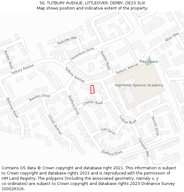50, TUTBURY AVENUE, LITTLEOVER, DERBY, DE23 3UX: Location map and indicative extent of plot