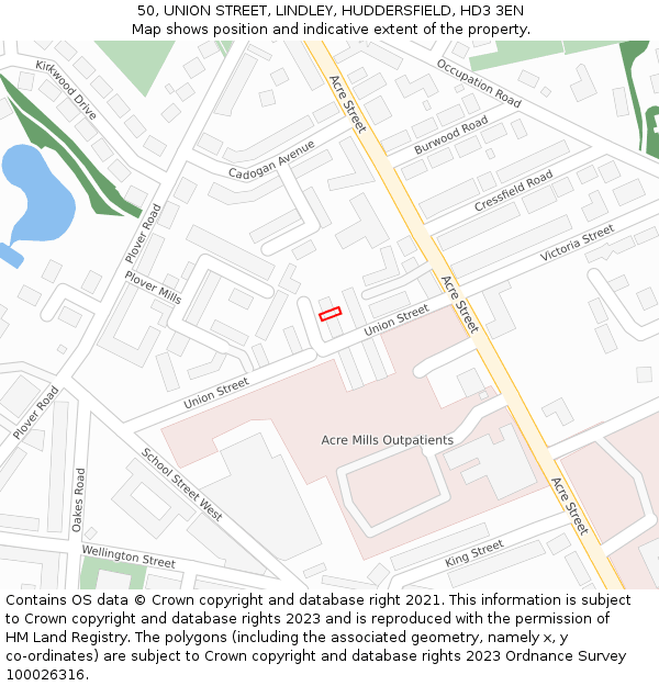 50, UNION STREET, LINDLEY, HUDDERSFIELD, HD3 3EN: Location map and indicative extent of plot