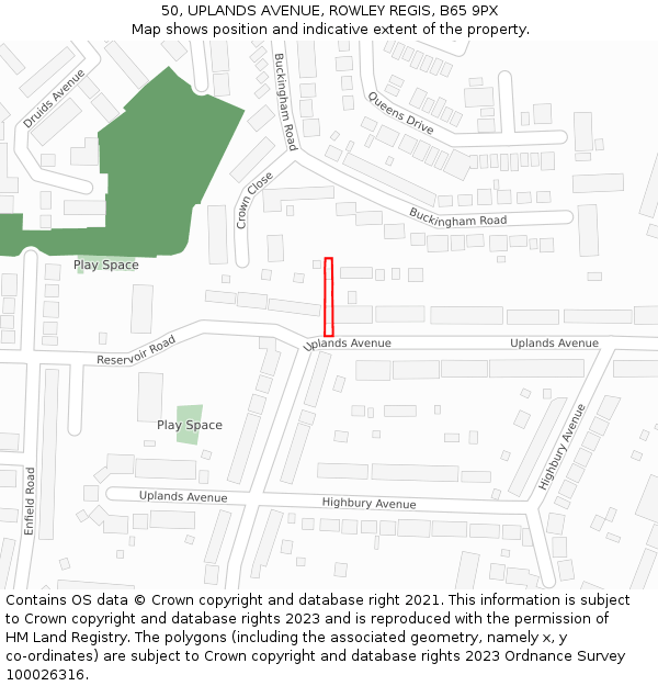 50, UPLANDS AVENUE, ROWLEY REGIS, B65 9PX: Location map and indicative extent of plot
