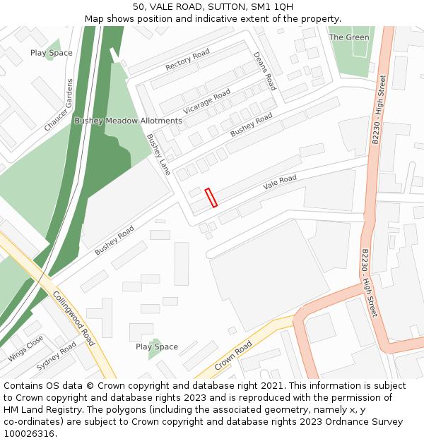 50, VALE ROAD, SUTTON, SM1 1QH: Location map and indicative extent of plot