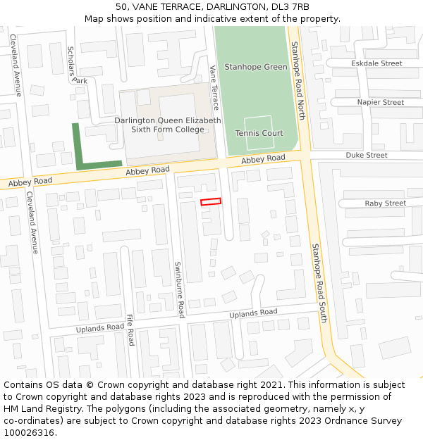 50, VANE TERRACE, DARLINGTON, DL3 7RB: Location map and indicative extent of plot