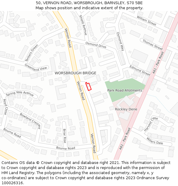 50, VERNON ROAD, WORSBROUGH, BARNSLEY, S70 5BE: Location map and indicative extent of plot