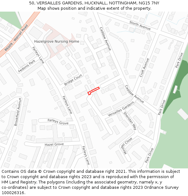 50, VERSAILLES GARDENS, HUCKNALL, NOTTINGHAM, NG15 7NY: Location map and indicative extent of plot