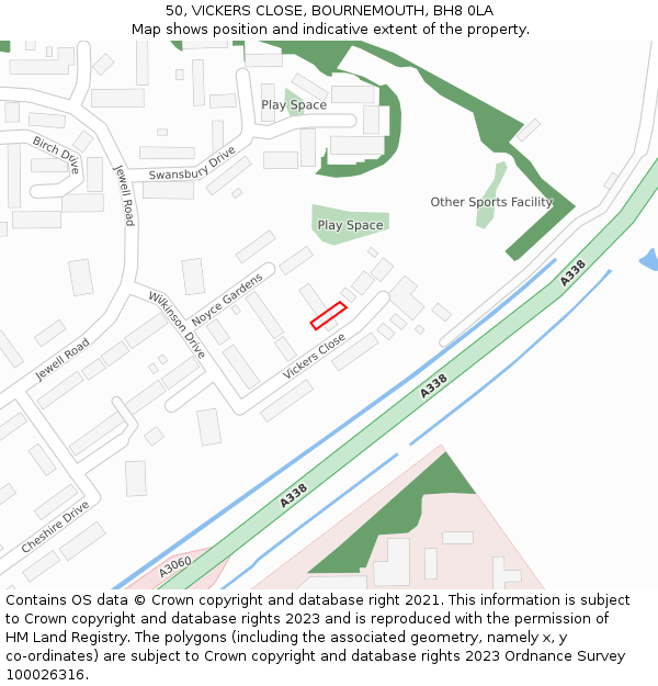 50, VICKERS CLOSE, BOURNEMOUTH, BH8 0LA: Location map and indicative extent of plot