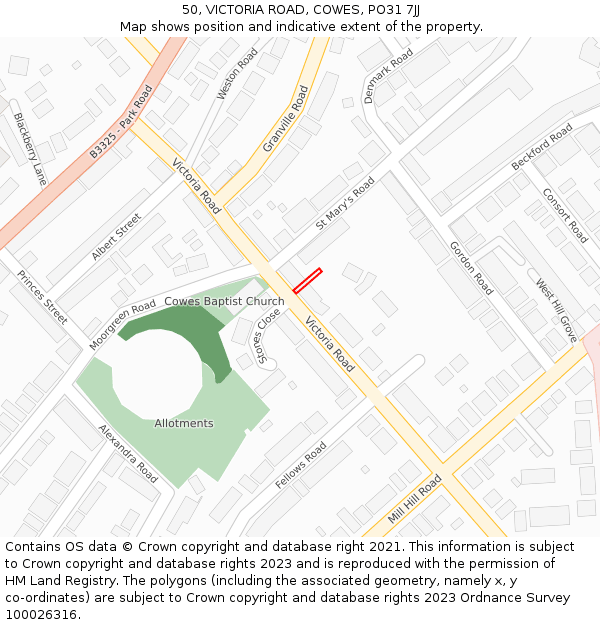 50, VICTORIA ROAD, COWES, PO31 7JJ: Location map and indicative extent of plot