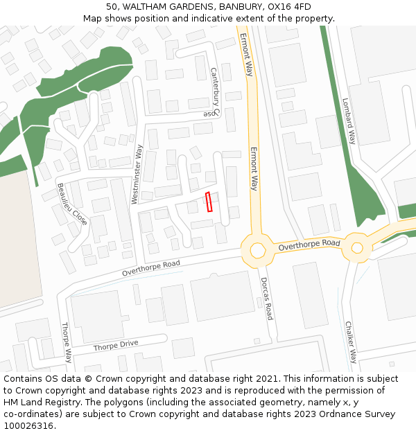 50, WALTHAM GARDENS, BANBURY, OX16 4FD: Location map and indicative extent of plot