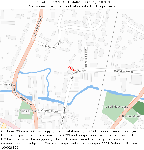 50, WATERLOO STREET, MARKET RASEN, LN8 3ES: Location map and indicative extent of plot
