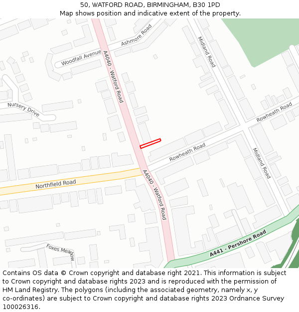 50, WATFORD ROAD, BIRMINGHAM, B30 1PD: Location map and indicative extent of plot