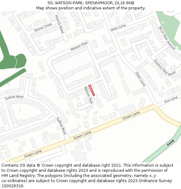 50, WATSON PARK, SPENNYMOOR, DL16 6NB: Location map and indicative extent of plot