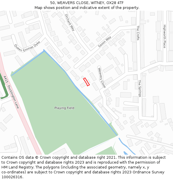 50, WEAVERS CLOSE, WITNEY, OX28 4TF: Location map and indicative extent of plot
