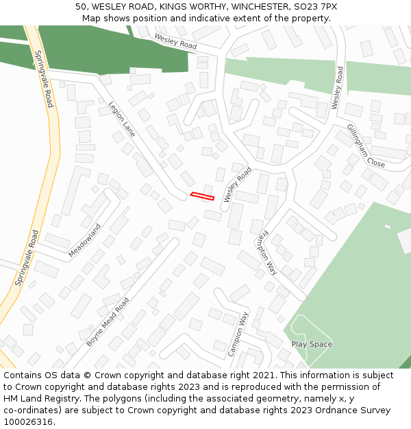 50, WESLEY ROAD, KINGS WORTHY, WINCHESTER, SO23 7PX: Location map and indicative extent of plot
