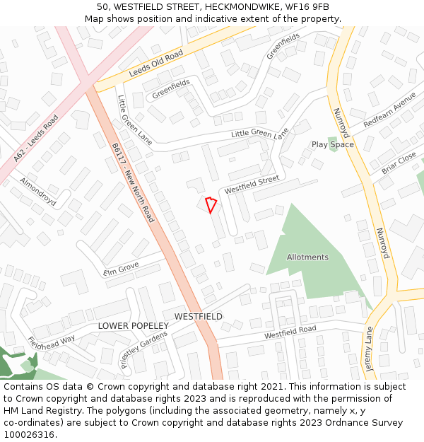 50, WESTFIELD STREET, HECKMONDWIKE, WF16 9FB: Location map and indicative extent of plot