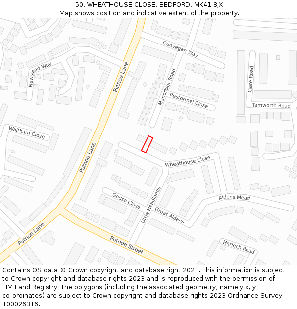 50, WHEATHOUSE CLOSE, BEDFORD, MK41 8JX: Location map and indicative extent of plot