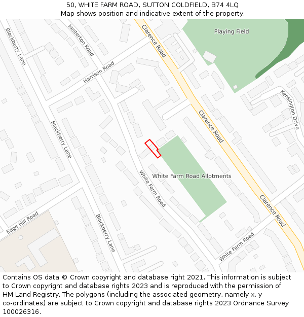 50, WHITE FARM ROAD, SUTTON COLDFIELD, B74 4LQ: Location map and indicative extent of plot