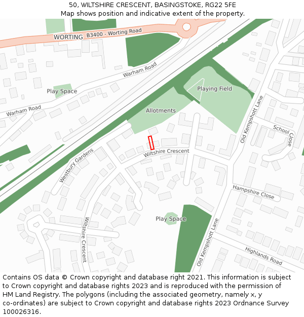 50, WILTSHIRE CRESCENT, BASINGSTOKE, RG22 5FE: Location map and indicative extent of plot