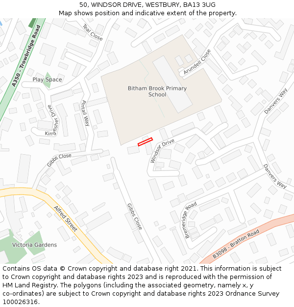50, WINDSOR DRIVE, WESTBURY, BA13 3UG: Location map and indicative extent of plot