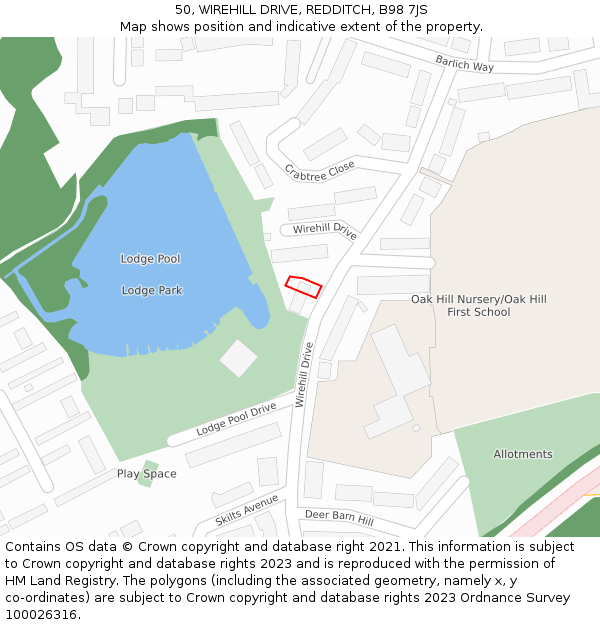 50, WIREHILL DRIVE, REDDITCH, B98 7JS: Location map and indicative extent of plot