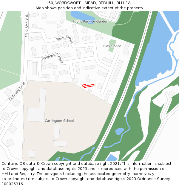 50, WORDSWORTH MEAD, REDHILL, RH1 1AJ: Location map and indicative extent of plot