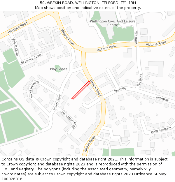 50, WREKIN ROAD, WELLINGTON, TELFORD, TF1 1RH: Location map and indicative extent of plot
