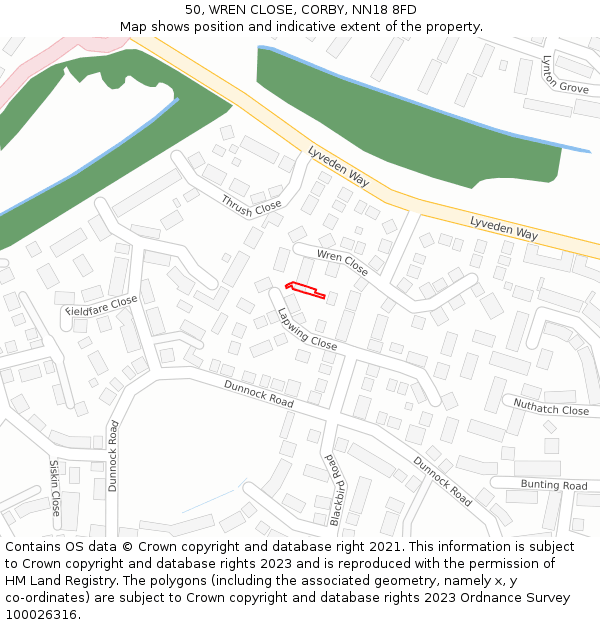 50, WREN CLOSE, CORBY, NN18 8FD: Location map and indicative extent of plot
