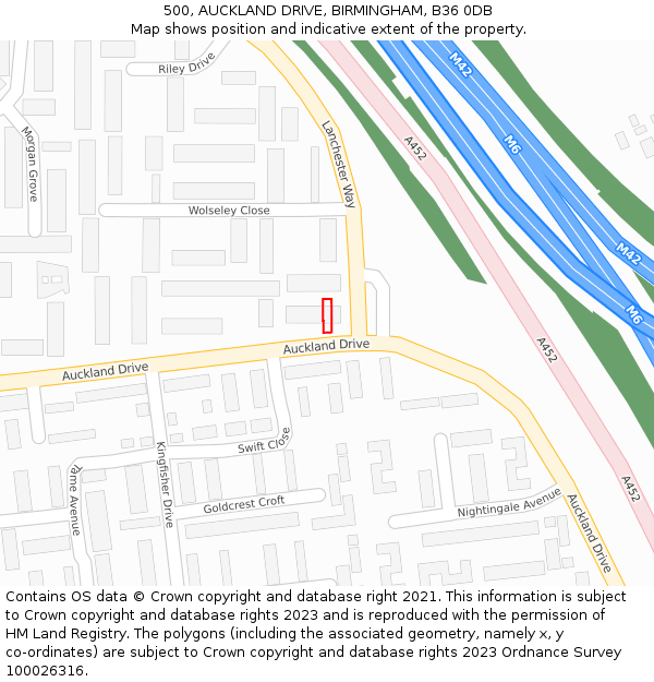 500, AUCKLAND DRIVE, BIRMINGHAM, B36 0DB: Location map and indicative extent of plot