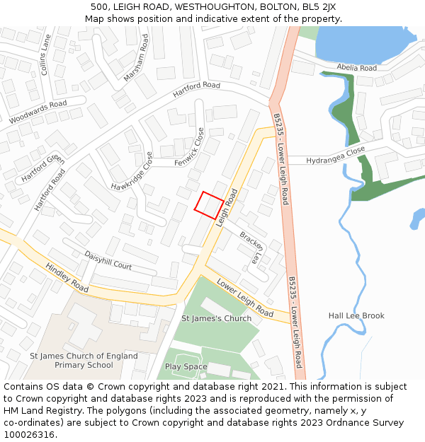 500, LEIGH ROAD, WESTHOUGHTON, BOLTON, BL5 2JX: Location map and indicative extent of plot