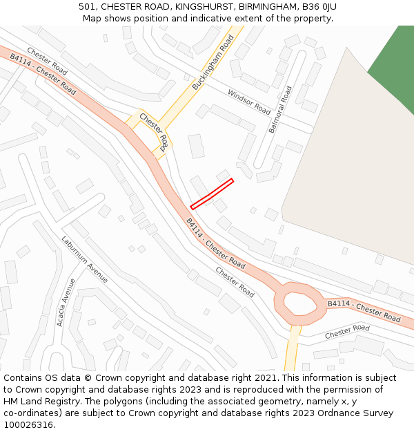 501, CHESTER ROAD, KINGSHURST, BIRMINGHAM, B36 0JU: Location map and indicative extent of plot