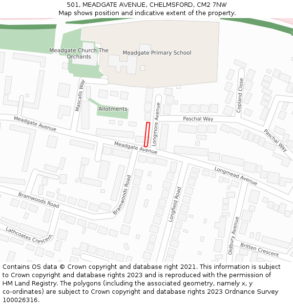 501, MEADGATE AVENUE, CHELMSFORD, CM2 7NW: Location map and indicative extent of plot