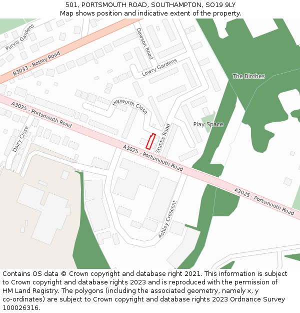 501, PORTSMOUTH ROAD, SOUTHAMPTON, SO19 9LY: Location map and indicative extent of plot