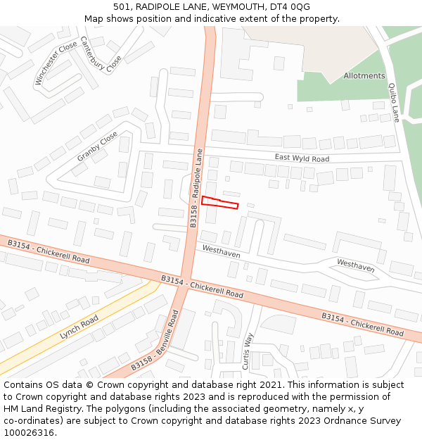 501, RADIPOLE LANE, WEYMOUTH, DT4 0QG: Location map and indicative extent of plot