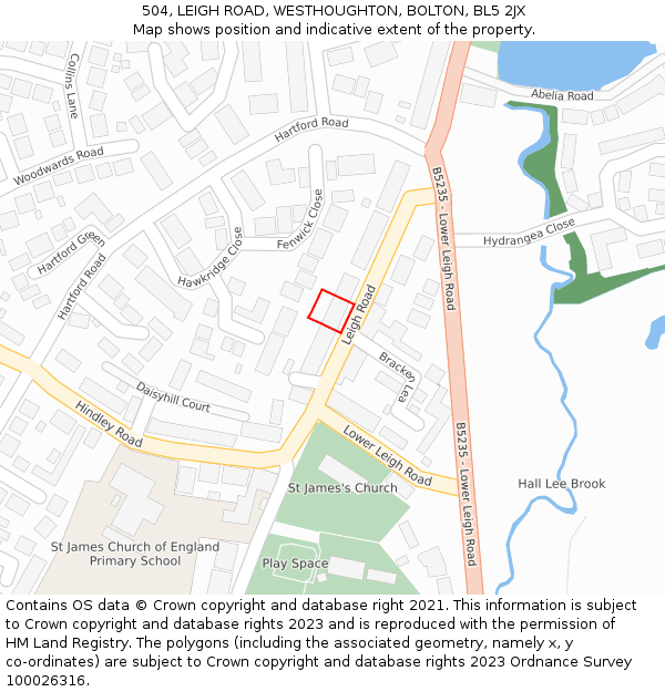 504, LEIGH ROAD, WESTHOUGHTON, BOLTON, BL5 2JX: Location map and indicative extent of plot