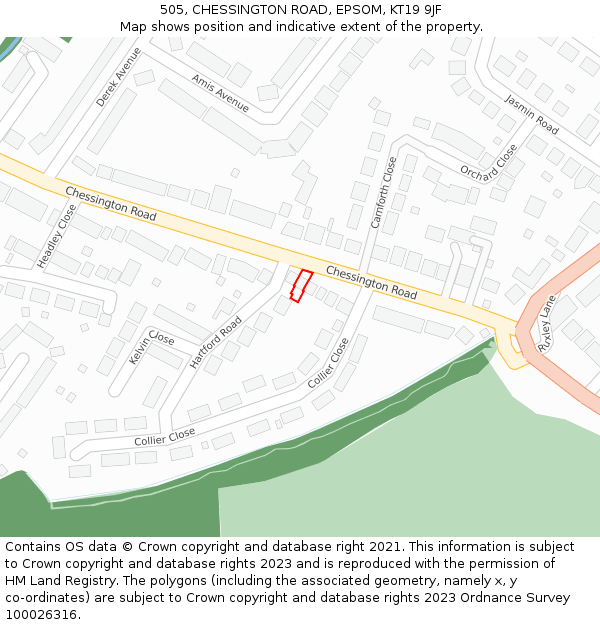 505, CHESSINGTON ROAD, EPSOM, KT19 9JF: Location map and indicative extent of plot