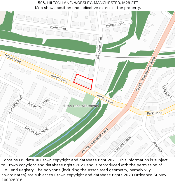505, HILTON LANE, WORSLEY, MANCHESTER, M28 3TE: Location map and indicative extent of plot