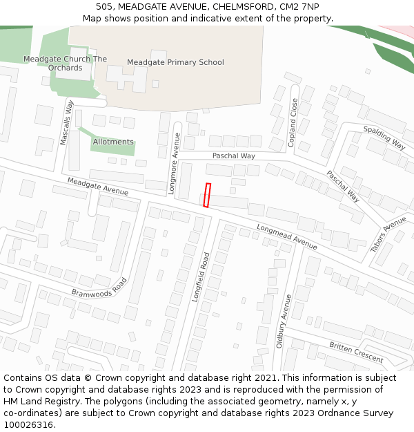 505, MEADGATE AVENUE, CHELMSFORD, CM2 7NP: Location map and indicative extent of plot