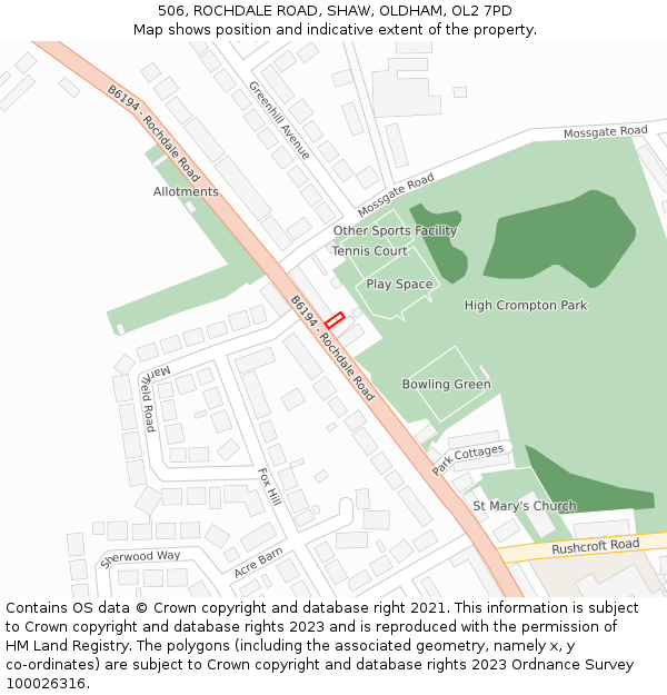 506, ROCHDALE ROAD, SHAW, OLDHAM, OL2 7PD: Location map and indicative extent of plot