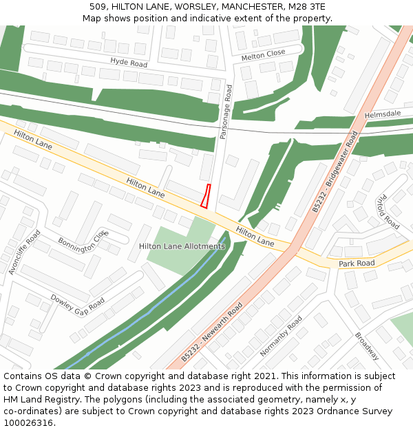 509, HILTON LANE, WORSLEY, MANCHESTER, M28 3TE: Location map and indicative extent of plot